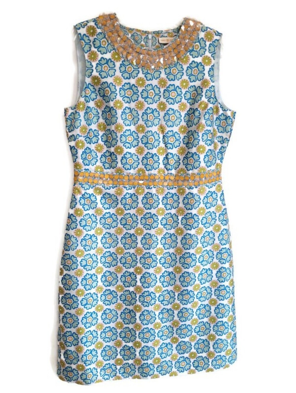 Tory Burch Annette Blue and Yellow Floral Beaded Shift Dress NWT Size 14